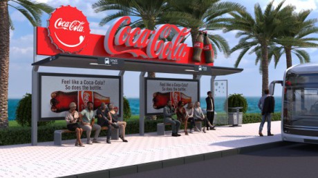 開放式候車亭配有巴士時(shí)刻表和廣告牌